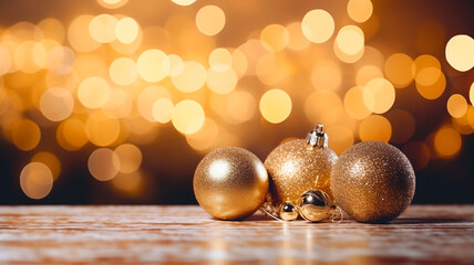 Wall Mural - christmas background with golden baubles on dark background.