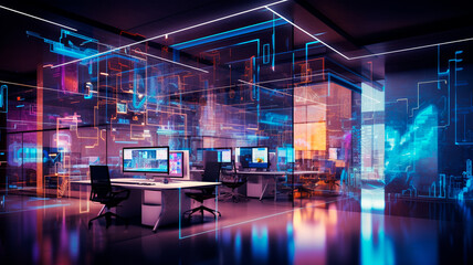 business people working in office with computer and digital interface