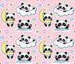 Sleeping Panda, Moon Clouds Stars Seamless Pattern on a Pink Background. Cute Vector Baby Print