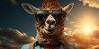 Kamel mit Sonenbrille im Anzug als Chef Cartoon Querformat für Banner, ai generativ