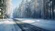 canvas print picture - Scenic winter road through forest covered in snow after snowfall