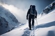 AI generated image of a backpacker trekking on snow,  outdoor winter activity and healthy lifestyle