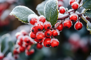 Poster - Red ilex berries covered with frost on branch tree on a frosty winter day