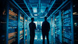 two young male and female professional engineers stand in a modern data center and work on a computer.
