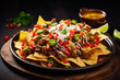 Corn chips nachos with fried minced meat, cheese and spices on wooden background