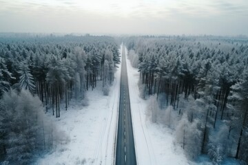 Wall Mural - Asphalt concrete road with winter forest