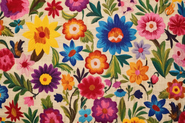 Poster - Variegated floral embroidery on fabric pattern background 