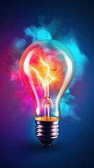 Creative light bulb abstract with colorful splash glowing colors new idea brainstorming concept