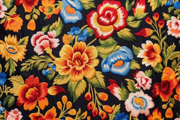 Poster - Variegated floral embroidery on fabric pattern background 