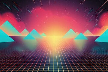 Wall Mural - Retro 80s style cybernetic world landscape, retrowave. Generative AI