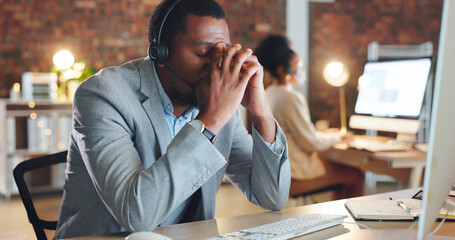 Canvas Print - African man, call center and stress by computer, tired or mistake for tech support, glitch or error. Consultant, crm or agent in night, telemarketing or customer service with fatigue, burnout or fail