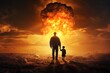 A father and his son witnessing the devastation caused by climate change, war, and a nuclear explosion. Concept: The sad legacy we leave for our children