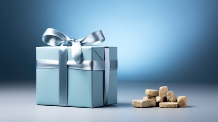 Sticker - A blue gift box with a bow and some small pieces of white stone, AI