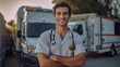 a Smiling young male doctor looking at camera and arm crossed front of ambulance ready to handle emergencies and treat patients.