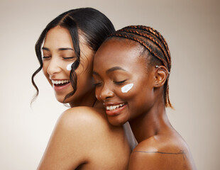 Sticker - Women, lotion on face and beauty with diversity, friends and inclusive skincare on studio background. Dermatology, natural cosmetics and happiness for wellness, cream and skin glow with moisturizer