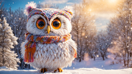 Cute cartoon owl, snow