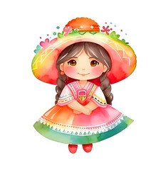 Wall Mural - Cute little cartoon Mexican girl watercolor hand painting ilustration