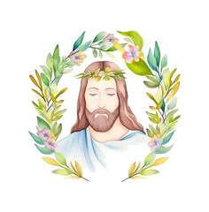 Wall Mural -  Jesus Christ surrounded by leaves watercolor ilustration