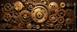 An intricate, steampunk-style gear mechanism with interlocking cogs and gears.