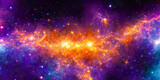 Fototapeta  - Wolken aus leuchtend bunten Galaxien in der Weite des Universums. Strahlende Sonnen und regenbogen farbenes dramatisches Glühen