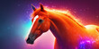 wild galoppierendes Pferd mit wehender Mähne orange glühend vor einem Universum aus Sternen und Galaxien im Hintergrund