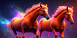 wild galoppierende Pferde mit wehender Mähne orange glühend vor einem Universum aus Sternen und Galaxien im Hintergrund