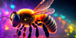 Nahaufnahme einer Biene, die orange glühend vor einem Hintergrund aus verschwommenem Universum mit Sternen und Galaxien ihren Pollen für Honig sammelt. 