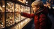 © loran4a - small child stand on the street near a shop window decorated with New Year's garlands