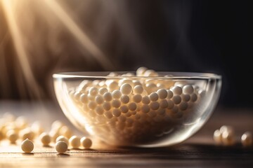 Cotton swabs in glass bowl on wooden table, closeup