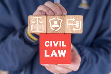 Lawyer Holding Colorful Blocks Sees Inscription: CIVIL LAW. Jurisprudence Legal Education Concept. Civil Rights Protection.