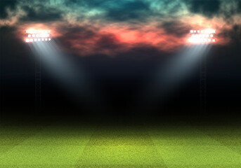 Football stadium with green field illuminated by spotlights. Vector template for your design.