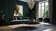 A modern living room in a minimalist millenium crib, high ceiling and filled with This midnight green