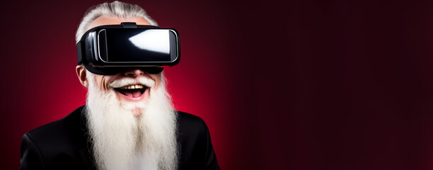 Funny happy senior man using virtual reality headset on dark red background. VR, future, gadgets, technology, education online, studying, video game concept. Banner fo design. AI generated