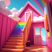 In The Clouds House With Bright Pink Orange Red And Purple Wood Planks With White Window Trim Thick Bamboo Colored Shiplap Roof Rainbow Colored Staircase To Pink Forest In The Distance Unity Unreal 