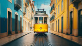 Fototapeta Fototapeta uliczki - Yellow tram moving past yellow building in Lisbon, Portugal. ai generative