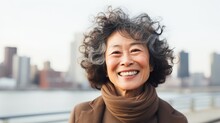 Smiling Old Chinese Woman With Brown Curly Hair Photo. Portrait Of Casual Person In City Street. Photorealistic Ai Generated Horizontal Illustration..