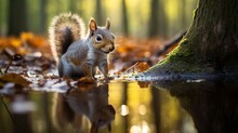  A Squirrel Standing Next To A Tree In A Forest Filled With Leaves.  Generative Ai