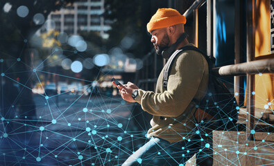 smartphone, innovation and man in city, digital transformation with typing and communication outdoor