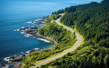 Wall Mural - Aerial view of a road winding through green trees near the ocean. Generative AI