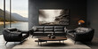 Exclusive Wohnzimmergarnitur Couch aus Leder im edlen modernsten Design in Top aktuellen Farben mit dunklen Hintergrund in Querfomat als Banner, ai, generativ 