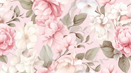 Poster -  a pink floral wallpaper with white and pink flowers on a pink background.  generative ai