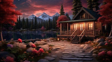 Wall Mural -  a painting of a cabin in the woods with a lake and mountains in the background.  generative ai