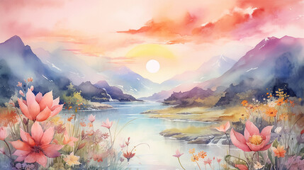 Wall Mural - Beautiful watercolor summer landscape with mountains, river and flowers. Printable artwork. Generative AI