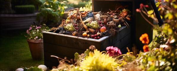 Wall Mural - Composting food scraps in a backyard compost bin