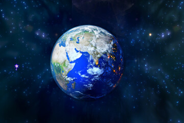 Wall Mural - Planet Earth 3D rendering illustration. Planet lit up with sun light in beautiful space with stars and gases 