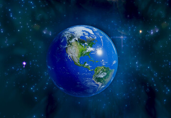 Wall Mural - Planet Earth 3D rendering illustration. Planet lit up with sun light in beautiful space with stars and gases 