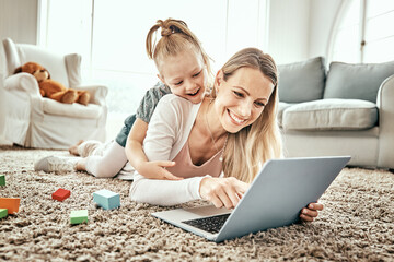 Poster - Mother, girl and laptop for home games, e learning and funny video streaming or education on carpet in living room. Excited mom, family and child play on floor on computer, kids website or internet