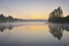Lake At Dwan With Morning Mist, Spring, Mondfeld, Mainfranken, Franconia, Baden Wurttemberg, Germany