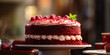 red velvet cake, intricately frosted, positioned on a vintage cake stand, close - up, bokeh background of kitchenware