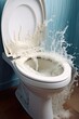 A white toilet in a blue bathroom with frothy water splashing out onto the floor.